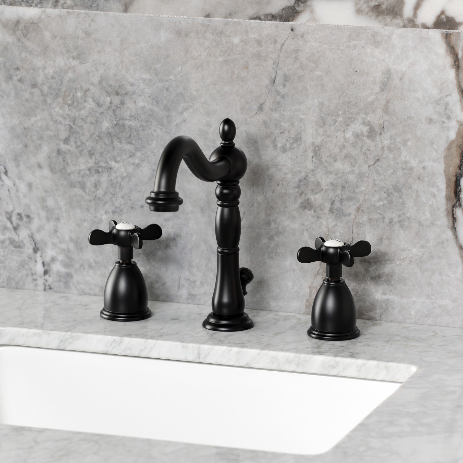 Kingston Heirloom KB1970BEX - Essex Two-Handle 3-Hole Deck Mount Widespread Bathroom Faucet with Brass Pop-Up, Matte Black — thumbnail 2